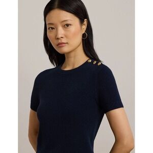 NWT Lauren Ralph Lauren Cotton Short Sleeve Sweater Gold Buttons Navy SizeLarge